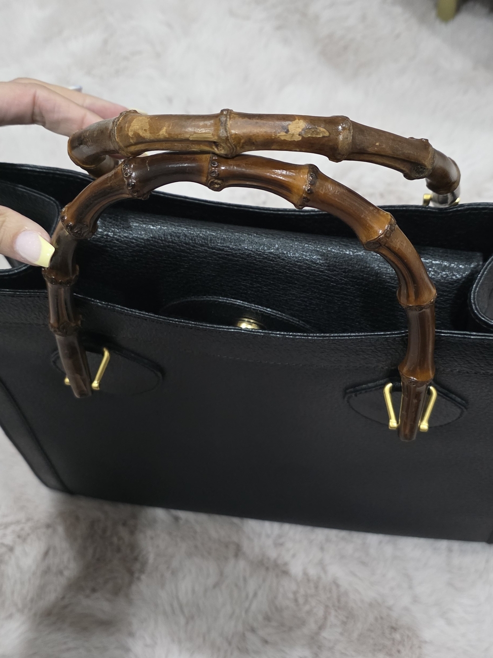 Gucci Vintage Black Leather Tote with Bamboo Handles - Picture 7 of 16